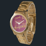 Reloj De Pulsera Retirement gold music notes burgundy Music Profess<br><div class="desc">Un regalo de retiro simple y elegante para una profesora de música. Un fondo clásico de color burdeos con notas de oro falsas. Plantilla para un nombre,  y el texto: Gracias,  letras doradas. Gracias está escrito con una escritura de estilo con letras a mano moderna.</div>