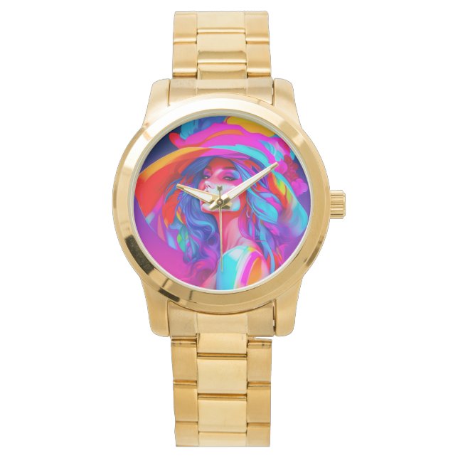 Reloj De Pulsera Retrato de arte pop neón (Anverso)