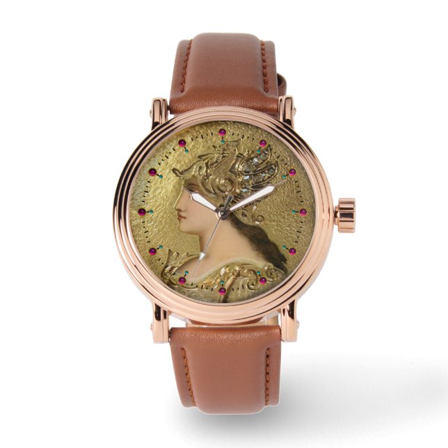 RELOJ DE PULSERA RETRATO DE ATENA CON CASCO DE ORO, GRIFFINES, RUBY (Anverso)