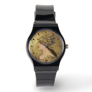 RELOJ DE PULSERA RETRATO DE ATENA CON CASCO DE ORO, GRIFFINES, RUBY