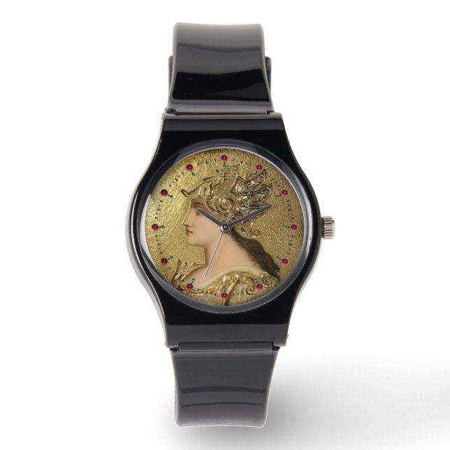 RELOJ DE PULSERA RETRATO DE ATENA CON CASCO DE ORO, GRIFFINES, RUBY (Anverso)