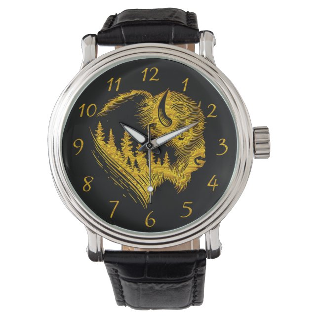 Reloj De Pulsera Retrato De Bison Gold Con Diseño De Silhouette For (Anverso)