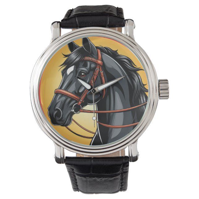 Reloj De Pulsera Retrato de caballo negro elegante (Anverso)