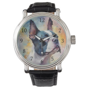Reloj De Pulsera Retrato de color de agua digital de Boston Terrier