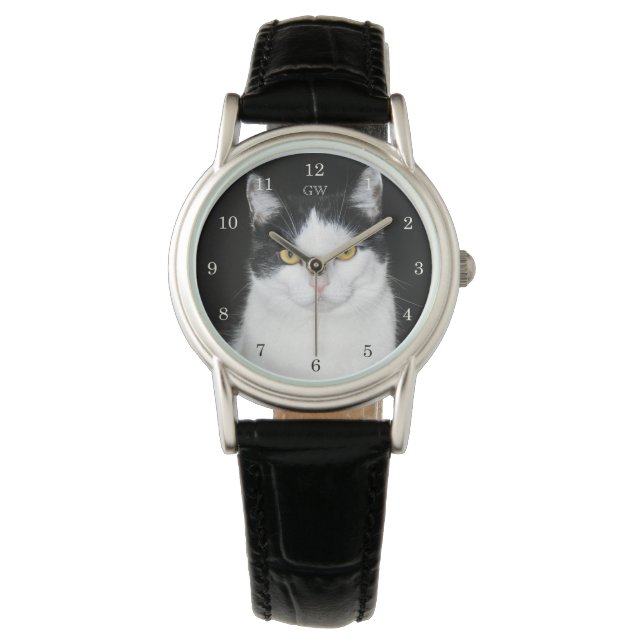 Reloj De Pulsera Retrato de gato negro y blanco (Anverso)