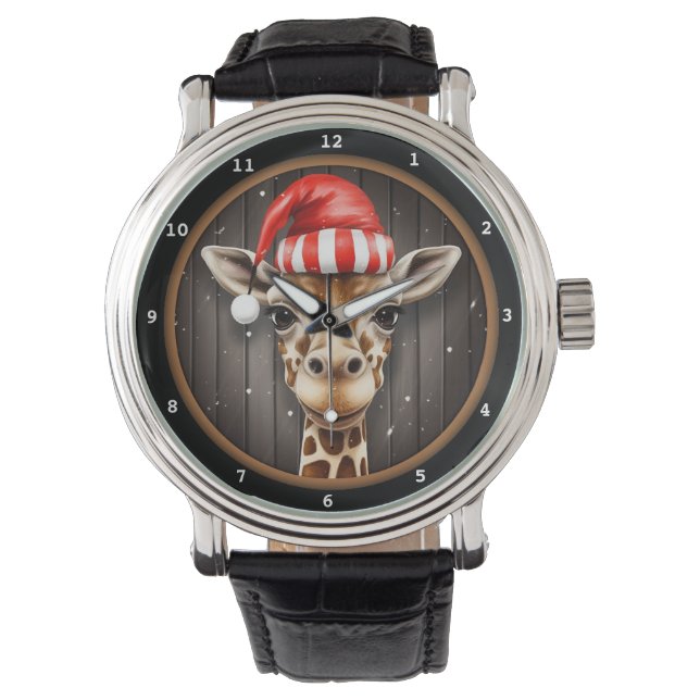 Reloj De Pulsera Retrato de jirafa con sombrero de Navidad (Anverso)