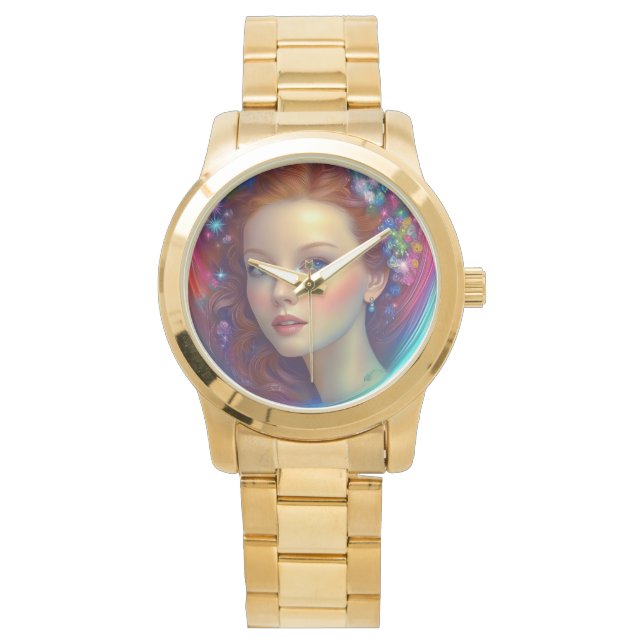 Reloj De Pulsera Retrato de pelo arcoiris encantado (Anverso)