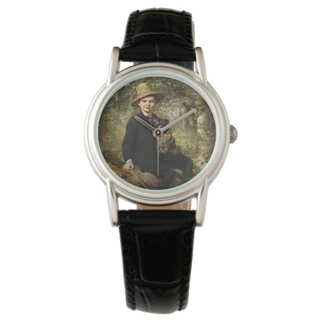 Reloj De Pulsera Retrato de un niño con perro en un bosque (Knaus) (Anverso)