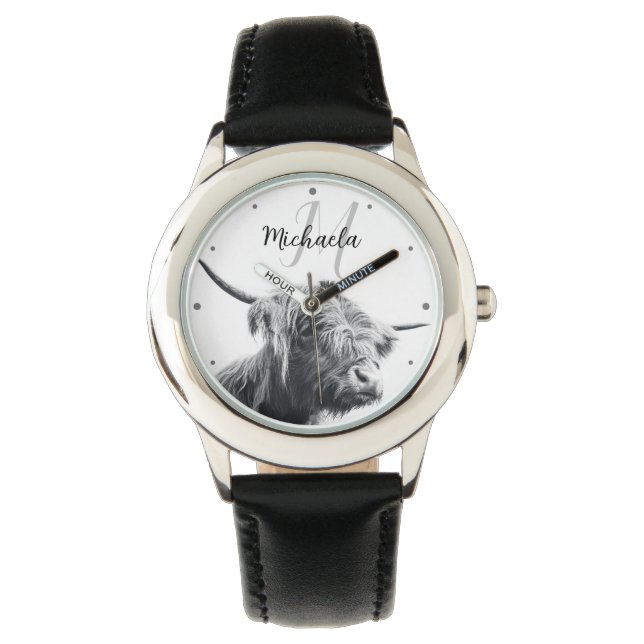 Reloj De Pulsera Retrato de vaca Highland monograma inicial blanco  (Anverso)