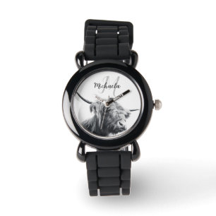 Reloj De Pulsera Retrato de vaca Highland monograma inicial blanco 