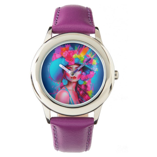 Reloj De Pulsera Retrato floral de Neon Fantasy (Anverso)