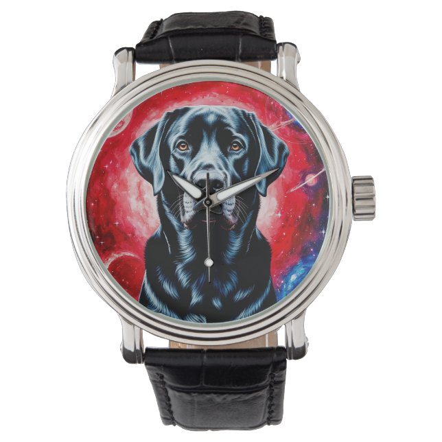 Reloj De Pulsera Retrato negro de labrador en un espacio cósmico (Anverso)