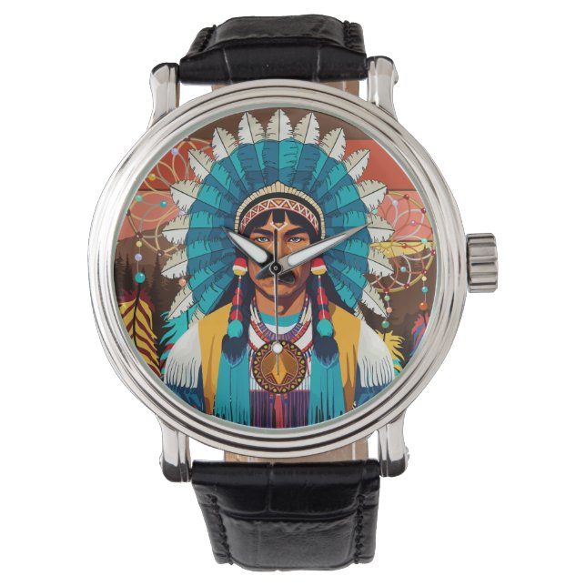 Reloj De Pulsera Retrato poderoso de jefe nativo americano (Anverso)