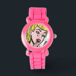 Reloj De Pulsera Retro Comic Book Cutie Watch<br><div class="desc">Este diseño de Retro Comic Book Cutie Watch presenta a una encantadora joven sosteniendo un lápiz de labios rojo compacto. El chica está en el fondo de un punto de polka blanco y azul de huevo de un ladrón. ¡El tiempo vuela cuando estás bonito!</div>