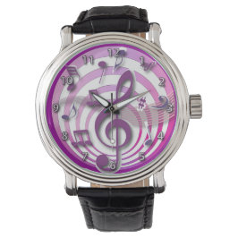 Reloj De Pulsera Retro Efecto 3D Notas musicales rosadas