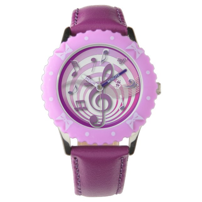 Reloj De Pulsera Retro Efecto 3D Notas musicales rosadas (Anverso)