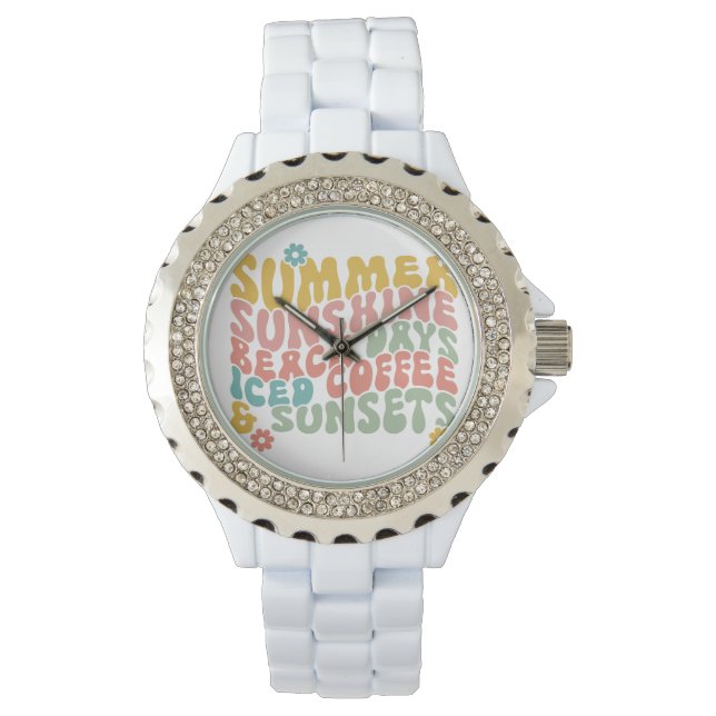 Reloj De Pulsera Retro Groovy Summer Pink Monograma Nombre (Anverso)