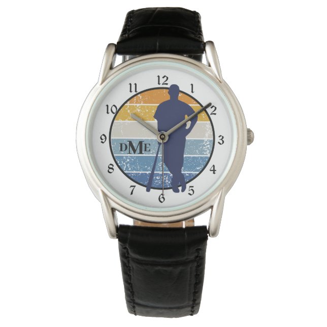 Reloj De Pulsera Retro jugador de béisbol de silueta monograma (Anverso)