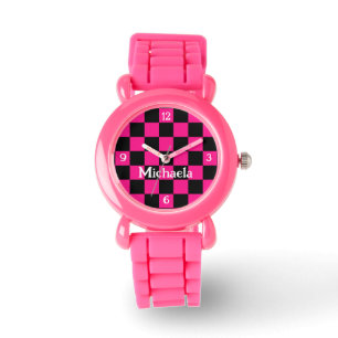 Reloj De Pulsera Retro negro rosado caliente con números Su nombre