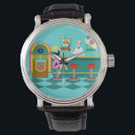 Reloj De Pulsera Retro Soda Fountain Watch<br><div class="desc">Sirva algo especial con este Reloj de Fuente Retro Soda. El arte minimalista, el diseño de los dibujos personalizados, presenta el interior del lugar más elegante de la ciudad. Es una fuente de soda de los años 50, ¡en toda su gloria kitsch! En el fondo de un muro acuático, se...</div>