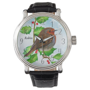 Reloj De Pulsera Robin Bird en la pintura de color de agua Holly