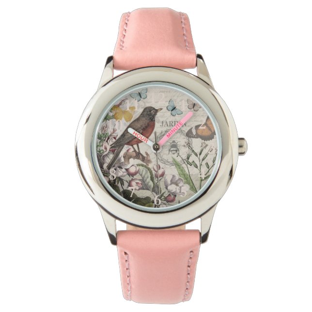 Reloj De Pulsera Robin Elegant Bird Butterfly Arte Francés (Anverso)