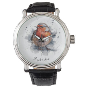 Reloj De Pulsera Robin rojo curado en acuarela