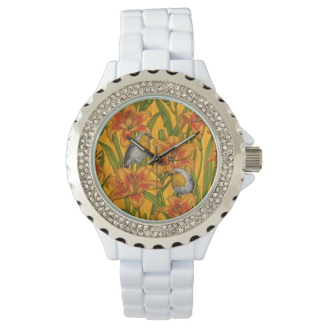 Reloj De Pulsera Robins y flores de lirio, naranja y verde (Anverso)