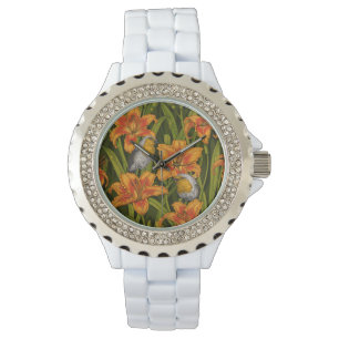 Reloj De Pulsera Robins y flores de lirio, naranja y verde oscuro
