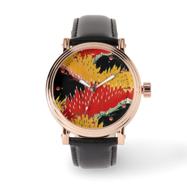 RELOJ DE PULSERA ROJO AMARILLO NEGRO ABSTRACTO FLORAL JAPONESA (Anverso)