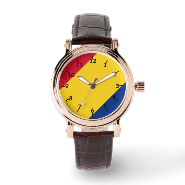Reloj De Pulsera Rojo amarillo y azul tricolor a rayas (Anverso)