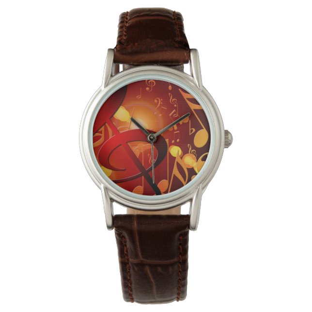 Reloj De Pulsera Rojo, naranja, patrón de notas musicales (Anverso)