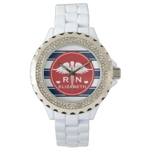 Reloj De Pulsera Rojo y enfermera del RN del caduceo de la raya de