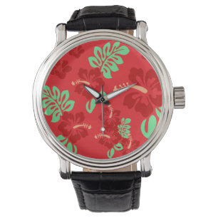 Reloj De Pulsera Rojo y Verde Tropical Hibiscus Floral