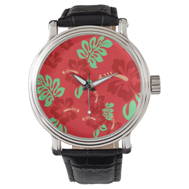 Reloj De Pulsera Rojo y Verde Tropical Hibiscus Floral (Anverso)