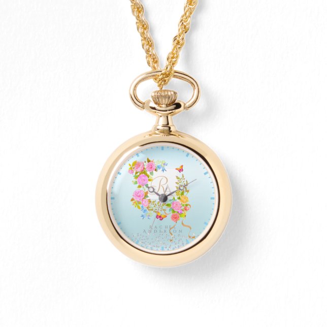 Reloj De Pulsera Romaníes florecientes Jardín Monograma Azul (Anverso)