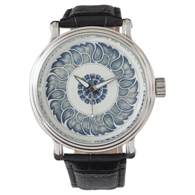 Reloj De Pulsera Ronda azul blanca floral china (Anverso)