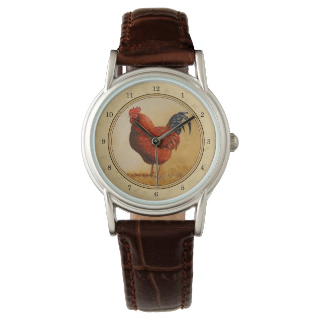 Reloj De Pulsera Rooster Rojo de Rhode Island Fondo Amarillo (Anverso)