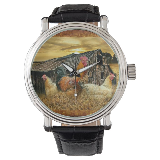 Reloj De Pulsera Rooster Vintage Hens Rustic Barn Coop (Anverso)