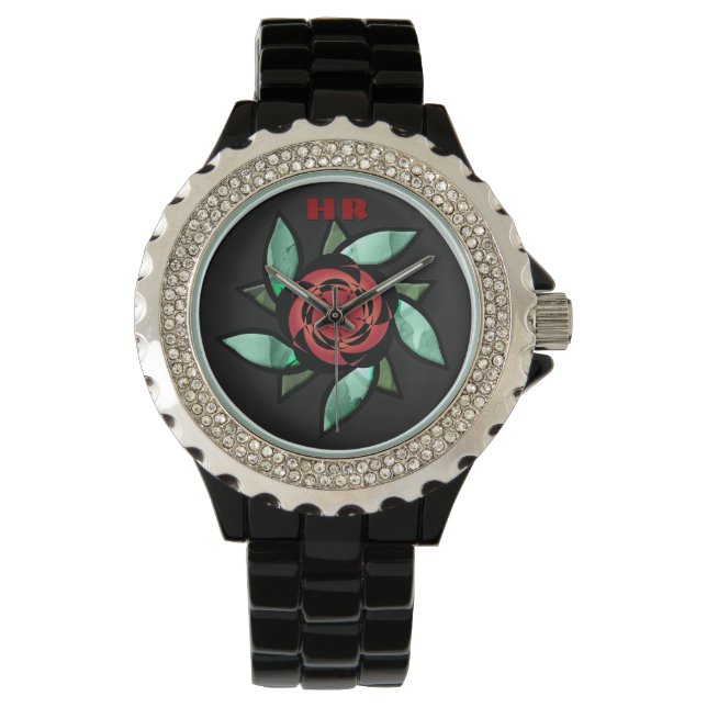 Reloj De Pulsera Rosa abstracto - Rojo sobre negro (Monogramado) (Anverso)