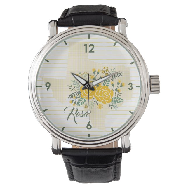 Reloj De Pulsera Rosa amarilla de Texas - Estado de Gingham con Ros (Anverso)