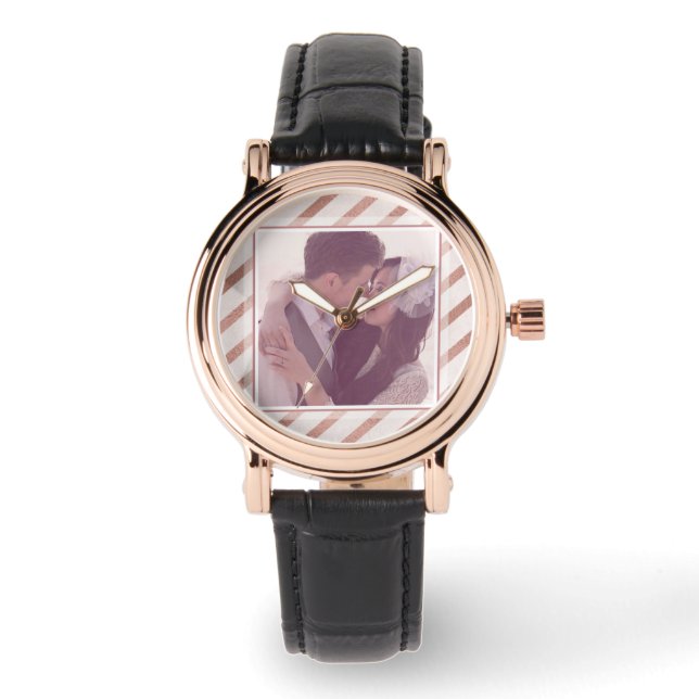 Reloj De Pulsera Rosa con rayas de oro elegante foto Personalizado (Anverso)