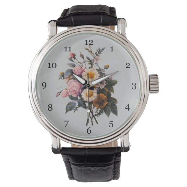 Reloj De Pulsera Rosa de arte botánico y flores de margarita (Anverso)