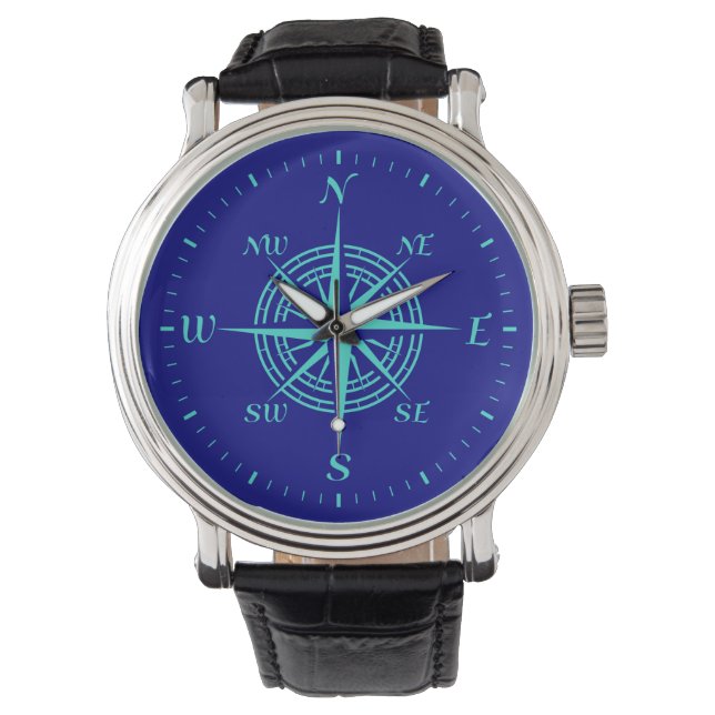 Reloj De Pulsera Rosa De Brújula Turquesa Sobre Azul Naval (Anverso)