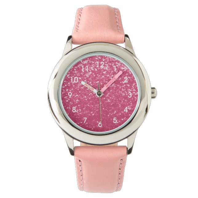 Reloj De Pulsera Rosa de color rosa claro finge purpurina con númer (Anverso)