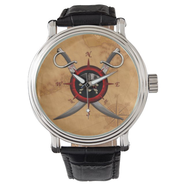 Reloj De Pulsera Rosa de compás del cráneo del pirata (Anverso)