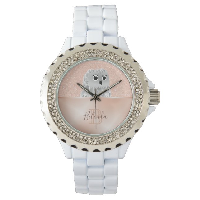 Reloj De Pulsera Rosa de lechuza cuta Purpurina de oro Monograma Wa (Anverso)