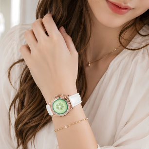 Reloj De Pulsera Rosa de Oro Blanca Cuero Rebanada de Pepino