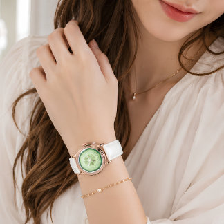 Reloj De Pulsera Rosa de Oro Blanca Cuero Rodaja de Pepino