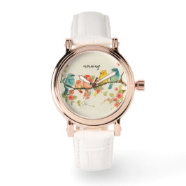 Reloj De Pulsera Rosa de pájaro dorado venda blanca vintage